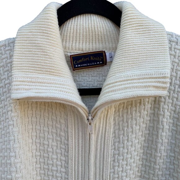 Comfort Knits Mens Vintage Ivory Full-Zip Basketweave Grandpa Cardigan Sweater L - Picture 4 of 9